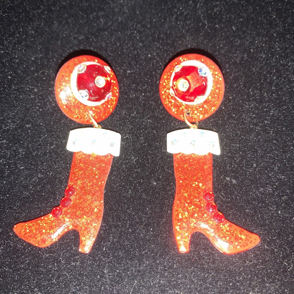 MAM 80s VTG CHRISTMAS Stockings Boots Dangle EARRINGS‎ JEWELED RARE CLIP-ON